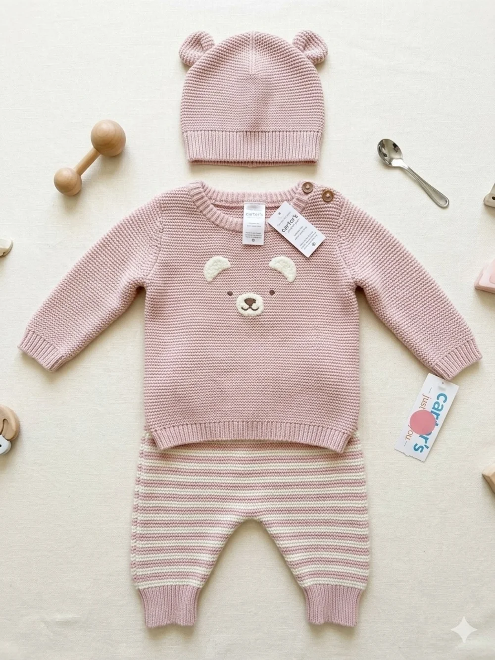 Carter's Baby Pink Knit Bear Sweater & Pant Set, NB, NWT